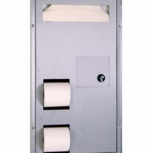 Partition-Mounted, Seat-Cover Dispenser, Sanitary Napkin Disposal and Toilet Tissue Dispenser